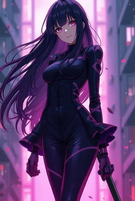 Anime style design high quality, colorful, a girl from the anime Kimetsu no yaiba with long black flowing purple hair and bangs slightly covering her face with dark purple eyes wearing a purple black Ibis hunter outfit Black eye pupil and a twilight purple...