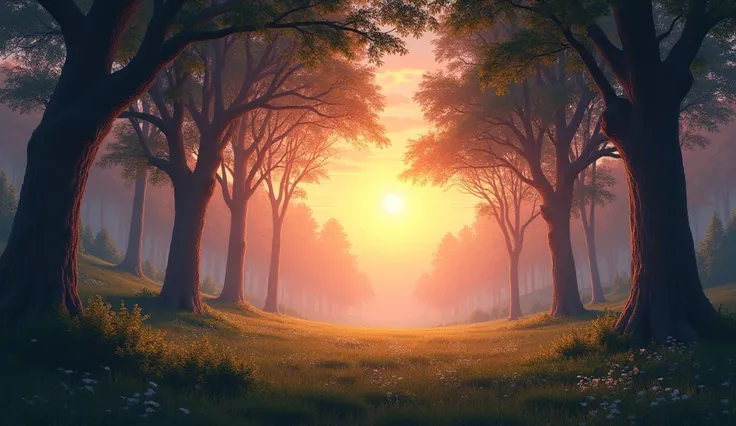 Prompt:  Create a serene scene at sunset with the golden and pink hues of the sun dipping below the horizon. The landscape should transition from a quiet, open meadow to the entrance of an ancient, peaceful forest. The forest is dense with tall, majestic t...