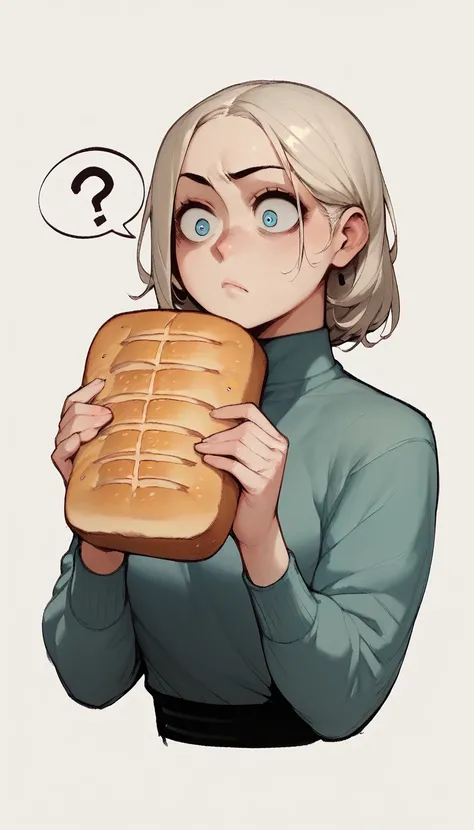 score_9, score_8_up, score_7_up, score_6_up, score_5_up, score_4_up, 1girl, holding up a piece of bread, holding up a slice of bread, question mark, confused, simple background,