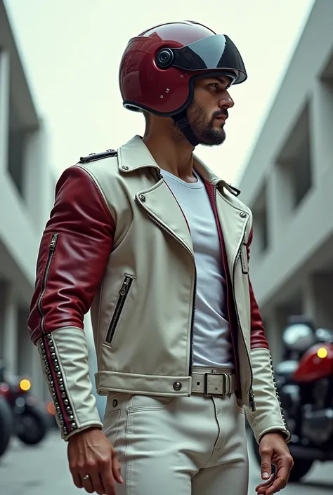 master piece,  HD , 4k hombre blanco handsome y musculoso ( with modern motorcycle helmet )(hairy body) strong and muscular legs big bulge tight white leather pants ,  Bicolor T shirt made fashion white leather and velvet jacket with spectacular estoperole...