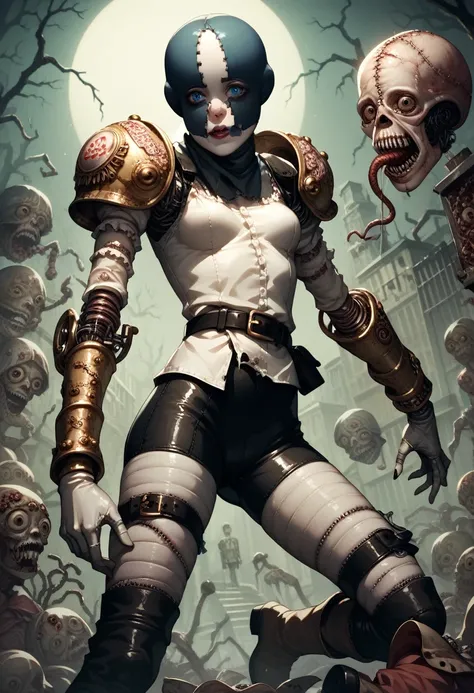 a cyborg sadako, (((horror))) , armor,helmet,bodysuit,belt,blue eyes,gloves,boots, gold armor,white gloves,vambraces, (akdtflpd)...