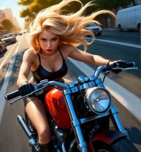 blond woman riding a motorcycle on a city street with cars, riding a motorcycle, style of gta v artworks, james gurney painting ...