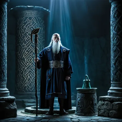 Show Odin standing before the ancient well, with Mimir guarding it, as Odin contemplates the sacrifice for wisdom.