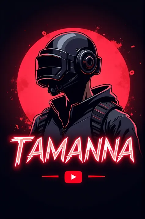 This is a gaming logo that features the name " Tamanna " in a futuristic font and a neon Red color. and pubg Boy Anime avtar, The logo also has a stylized controller icon and a YouTube play button in the background. The logo is designed to be attractive an...