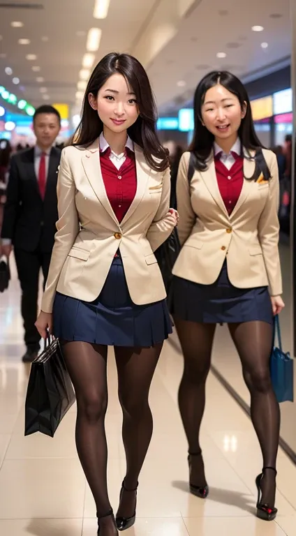 show entire body, feet in view, 3 gorgeous 18.y.o. asian females, wearing American school uniforms, pantyhose, high heels, walking in mall, smiling, arms behind back,