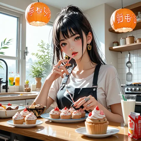 Anime girl with cupcakes and milk in the kitchen,  Concept Art ：Jan J,  pixiv Contest Winner  ,  amazing realism ,  Seductive Anime Girls , extremely detailed Art Gelm,  large ring shaped earrings ,  anime girl drinks energy drink, ig model | Art Gelm, , A...