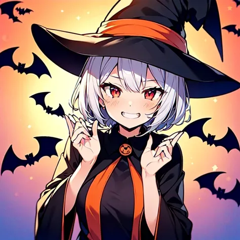  1 girl、avatar style、Halloween、( little girl cat character )，(( Silver hair short cut ，Red eyes， cute ))、(((Halloween)))，The background is on the night of the crescent moon  ，Pretty rainbow ， shooting stars ，whole body， best quality， show anime style ，(((W...