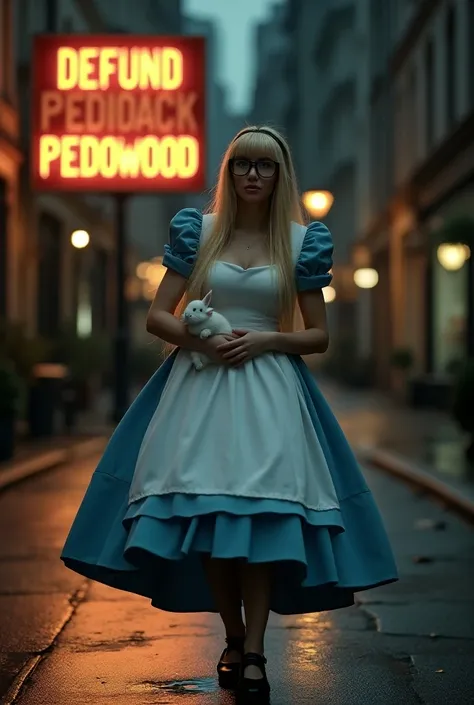 Beautiful woman dressed up as Alice in Wonderland. 

Long straight blonde hair with bangs. Blue eyes. Large breasts, hourglass curvy busty figure. Black rimmed rectanglular glasses.  

Walking down an empty street at night. A large sign behind her clearly ...