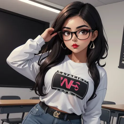 A cute petite short skinny wide thick hips emo mexican girl, short wild volumetric hair, one wearing glasses, beautiful detailed brown eyes, cutely detailed lips, extremely cute detailed eyes and face, wide curvy pearshaped hips, thick thighs, long sleeve ...