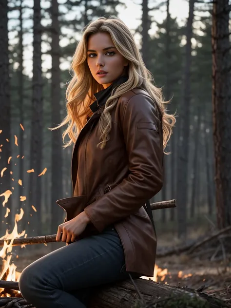 An ultra hot gorgeous European woman, age 23. She’s a playmate and men magazine supermodel. Long wavy blond hair, messy wind blown hair, Full body, sitting by a campfire, wearing brown leather coat, dark blue jeans, (extremely detailed 8k wallpaper), mood ...