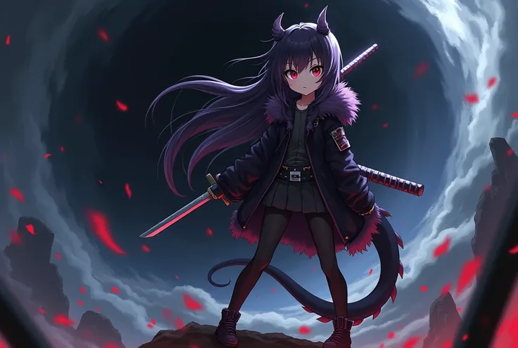 (1 girl, )anime, left eye grey and right eye red, long hair, purplish black hair, ears pointing, purplish black tail dragon, furry jacket hitam, carrying a katana, black aura, standing on a cliff, blackhole, High Resolution, Best Quality, UHD, 