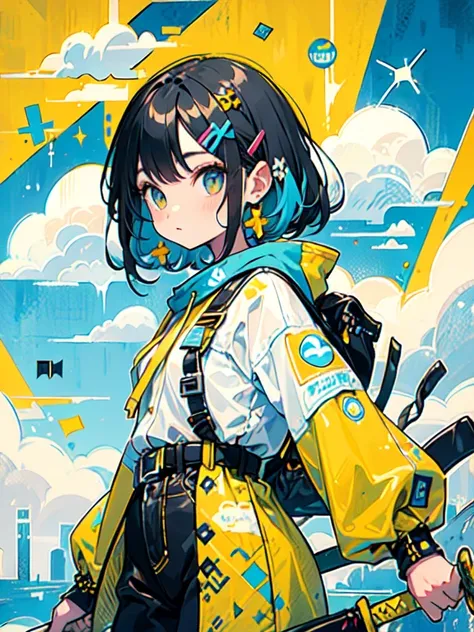 "cute, beautiful,  adorable in dowel dowel clothes like a skater , yellow, Baby blue color scheme.  she wears sky-themed clothes with clouds and sky motifs ... Her costume is soft with dowels , Comes with decorative accessories such as hair clips .  embodi...