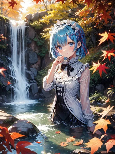 Best Quality、Rem、A waterfall surrounded by autumn leaves 。 splashes of water shines brightly in response to light、 1 girl, smile, 