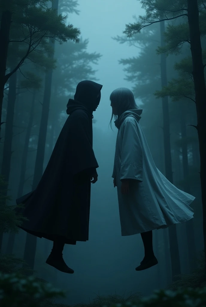  Men with a black cape similar to that of Akatsuki in Naruto and a hood that hides his face are confronted with another man with a similar cape without a white hoodie.  Both face each other through the air at the height of a forest . They are flying in the...