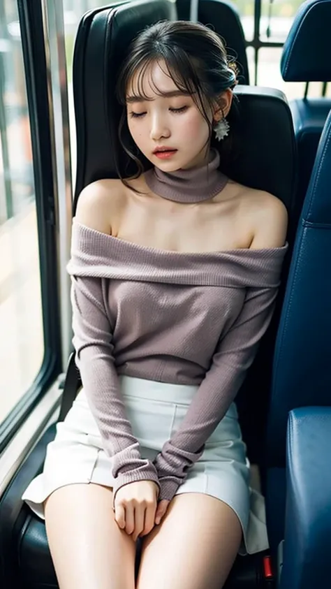   beautiful Japanese woman 、Sleeping on the bus、(Close your eyes)、((Wearing a mini skirt))、off-the-shoulder high neck sweater、Sexy thighs、Part of her white pants is visible、Updo,  view from below 、 beautiful small cleavage、 anatomically correct,  textured ...