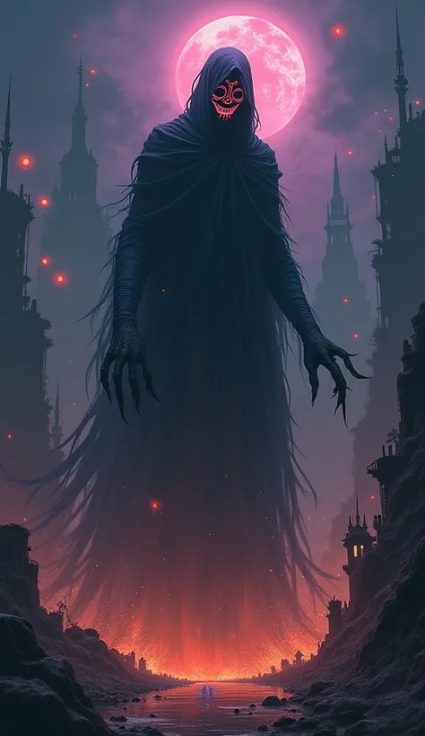 A tall, shadowy figure with limbs that trail off into ghostly echoes, as if its movements leave lingering afterimages. Its face is a blank mask with shifting patterns—smiling one moment, frowning the next—glowing faintly in neon purples and oranges. The be...