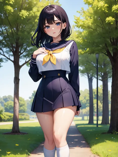 Ultra HD, busty, beautiful girl, glossy skin, sailor uniform with super mini skirt, standing, rural park, from thighs up