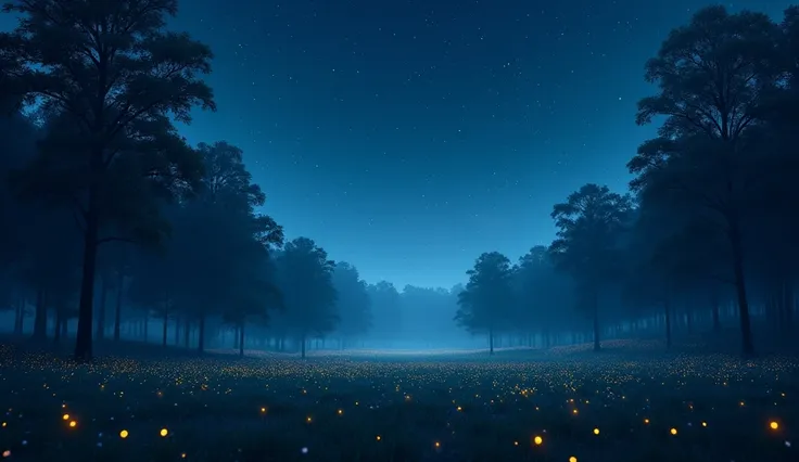 Prompt: The scene transitions to a wide shot of the night sky. It’s a deep, velvety blue-black, scattered with twinkling stars that seem to shimmer in time with the forest’s calm energy. The stars are bright and plentiful, casting a gentle, ethereal glow o...