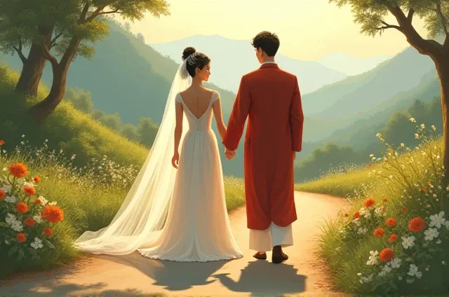 Of the bride and groom and the matchmaker who stands in between３ people on the long road。3 people holding hands。