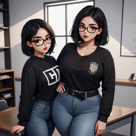 A cute petite short skinny wide thick hips emo mexican girl, short wild volumetric hair, one wearing glasses, beautiful detailed brown eyes, cutely detailed lips, extremely cute detailed eyes and face, wide curvy pearshaped hips, thick thighs, long sleeve ...