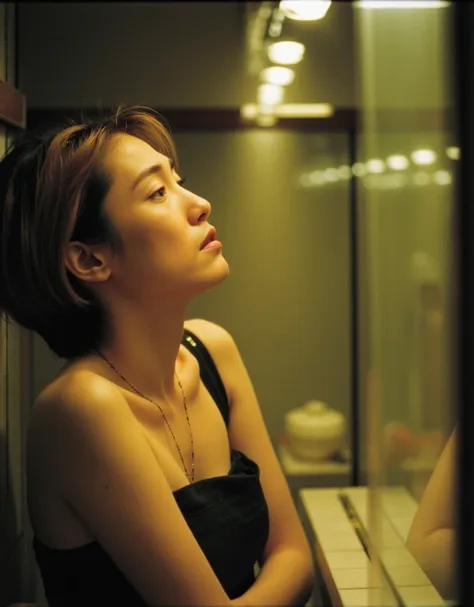 cinematography, wong kar-wai、profile portrait of a japanese woman、age 25，short messy blonde hair，she is wearing a black tube top...