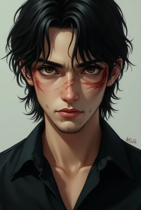 A twenty years old guy with medium black hair, beautiful detailed btiwn eyes, extremely detailed facial featurws, wearing a black stylish shirt, bruises on his face. Potrait