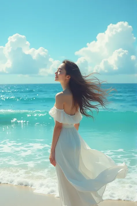 A beautiful women she enjoyed the wind in front of sea. In the sea wave and pom
