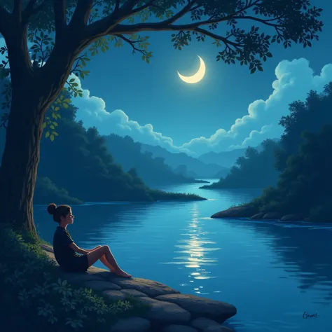 rest beside river with chill vibes at night and light moon