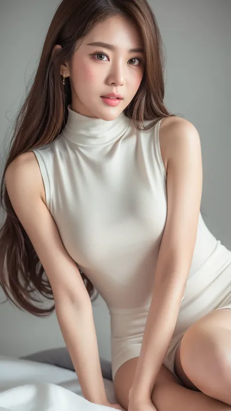 (Detailed face),((between legs)),chest,cute,Sleeveless and(turtleneck)White silky clothes,4K,Ultra-high resolution,（Photorealistic：1.7）,Gray background,Long Hair,