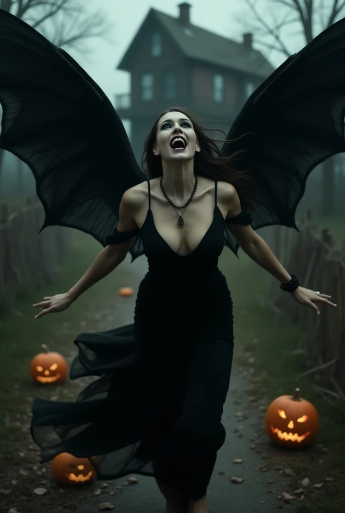 A photo of a woman Flying  with wings and fangs. She is wearing a black dress and a necklace. The background is a Halloween setting with pumpkins, spiderwebs, and a haunted house. The lighting is dim.