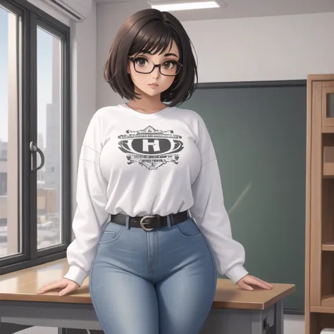 A cute petite short skinny wide thick hips emo mexican girl, short wild volumetric hair, one wearing glasses, beautiful detailed brown eyes, cutely detailed lips, extremely cute detailed eyes and face, wide curvy pearshaped hips, thick thighs, long sleeve ...