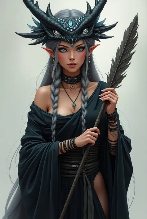 Create a realistic  with long, ash-gray hair braided down to her hips. She wears an asymmetrical black robe with blue geometric patterns, exposing one shoulder. Her left sleeve is loose, while her right arm is wrapped in bandages and adorned with bracelets...