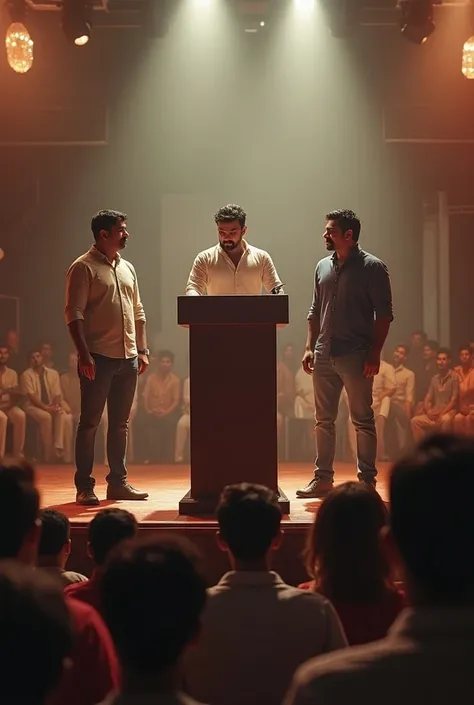 Actor villan Sj Surya standing in front of speaker in political meeting, Along side actor ram Charan and comedian Prudhvi raj Standing Beside on the stage