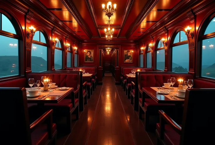 Symmetrical composition，Panoramic lens，在night车厢里面， An empty luxury car， A steam train from the last century , luxurious interior ， movie-grade lighting ，Panoramic lens，Symmetrical composition，night场景，很多Candle，Very detailed details ，Cool colors，  An empty c...