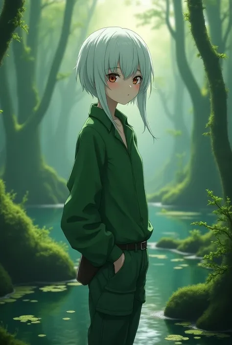  Young white and white hair , swamp green blouse and cargo pants,anime type .