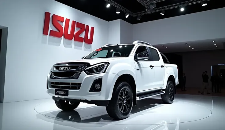 New 2025 Isuzu D-Max hd full attractive at showroom stage white color and the logo behind the wall big