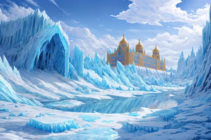 (sfw:1.5), (Scenario, Vision:1.4), ( sky blue :1.3), ( a demon flying in the air in the distance:1.1), Clouds, (palace, Royal Palace:1.5), daytime,(Snow, Glacier, glacier, Flowing ice , 飞溅的Snow:1.2),  blue ice cubes ,  ice blue earth ,  blue white ground, ...