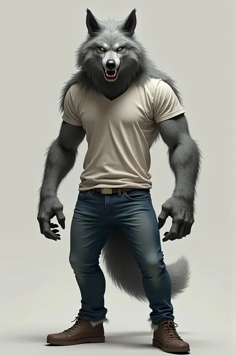 Gray wolf furry man wear t-shirts and jean