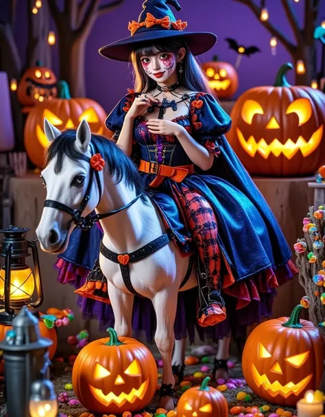  A lovely photographic image ，Halloween night， ghost wearing a blue denim costume，horse riding， behind it is a graveyard ，Cowboy blue light blue ，Cowboy hat，Jack-o&#39;-lantern，Halloween elements，photograph， purple night background ，(Realistic Photography)