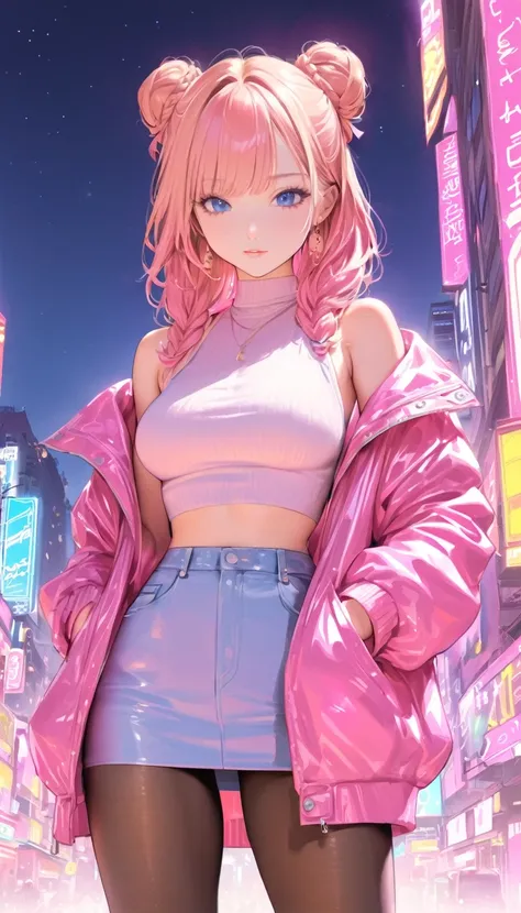 ( best quality:1.2,   city pop style ,   very detailed , up to date, Vibrant,   high contrast , masterpiece:1.2,  best quality, Best aesthetics), girl, ((  frontal shot :1.4)), Colorful Hair, braid bun hair,  pastel color, 1980s Style, ((Retro, Vintage, Pl...