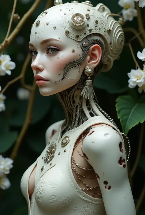 Complex 3 d render of a beautiful fascinating biomechanical female cyborg with a porcelain face, analog, beautiful natural light, rim light, 1 5 0 mm lens, aztec warrior, feathers, piercing, aztec tattoos, white blossoms, vanilla leaves and stems, sinuous ...