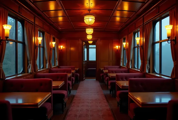 Symmetrical composition，Panoramic lens，在night车厢里面， An empty luxury car， A steam train from the last century , luxurious interior ， movie-grade lighting ，Panoramic lens，Symmetrical composition，night场景，很多Candle，Very detailed details ，Cool colors，  An empty c...