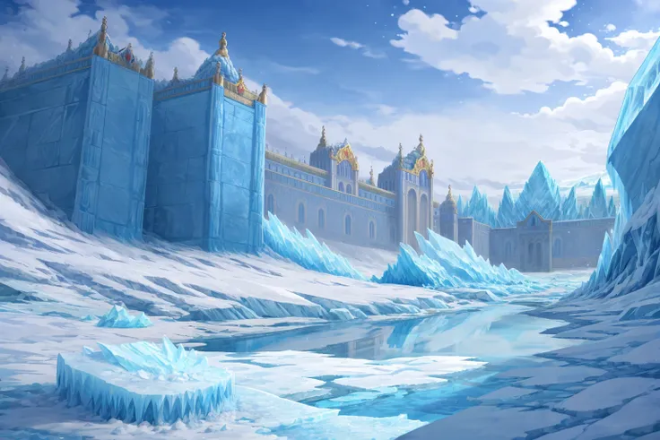 (sfw:1.5), (Scenario, Vision:1.4), ( sky blue :1.3), ( a demon flying in the air in the distance:1.1), Clouds, (palace, Royal Palace:1.5), daytime,(Snow, Glacier, glacier, Flowing ice , 飞溅的Snow:1.2),  blue ice cubes ,  ice blue earth ,  blue white ground, ...