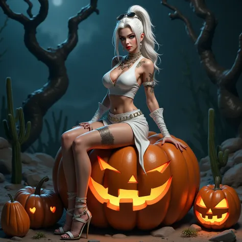 anime photos, ผู้หญิงที่กำลังนั่งอยู่บนpumpkinยักษ์, ((a woman with long white hair, ponytail ,  red lips, ninja style white dre...