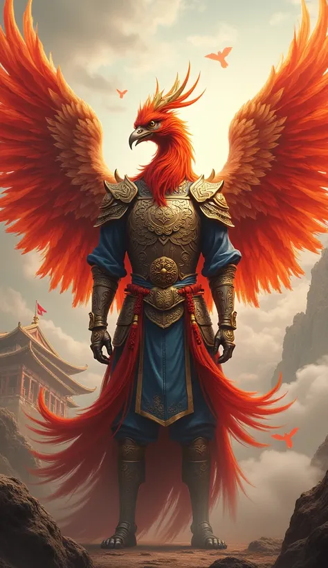 China
• Animal: Phoenix
• Description: A majestic warrior with a human body and a phoenix head, symbolizing rebirth and resilience in natural  look straight