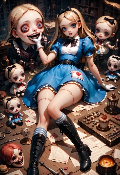 a doll girl , ( porcelain doll ) , alice in wonderland, (((horror))), scarily adorable, blue dress, ,belt,blue eyes,gloves,boots...