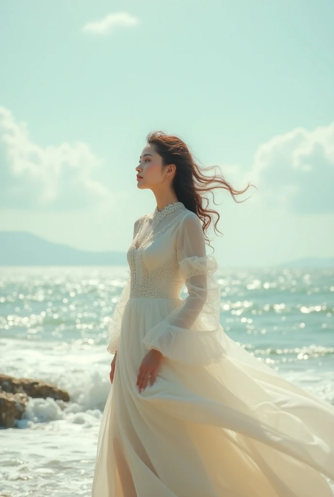 A beautiful women  wear full sleeve neck covered gown and she enjoyed the wind  happily in front of sea. In the sea wave and pom
