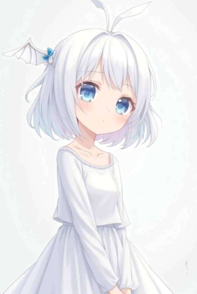 Anime girl white hair, blue eyes, white top and white skirt ,  short hair,  has small white bat wings on the head、 has a small blue ribbon on the head  