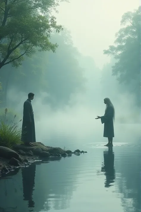 A calm river in the morning light, with mist hovering over the water. The young man arrives at the riverbank, where the sage is already waiting, standing with a calm expression, gesturing for the young man to enter the water.