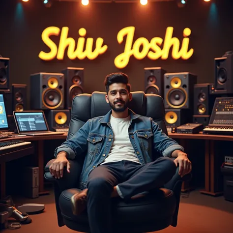 a guy wearing  nice tshirt and denim  jacket sweet innocent face it on big chair  sitting on recording room of songs nr his desk one premium golden mike behind him write in bold golden curved fonts " shiv joshi " in bold and his around big speakers and lot...